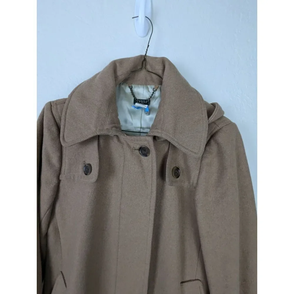 Y2K J Crew Wool OverCoat Womens Sz 4 Tan Camel Lined Winter‎ Jacket Hood Collar